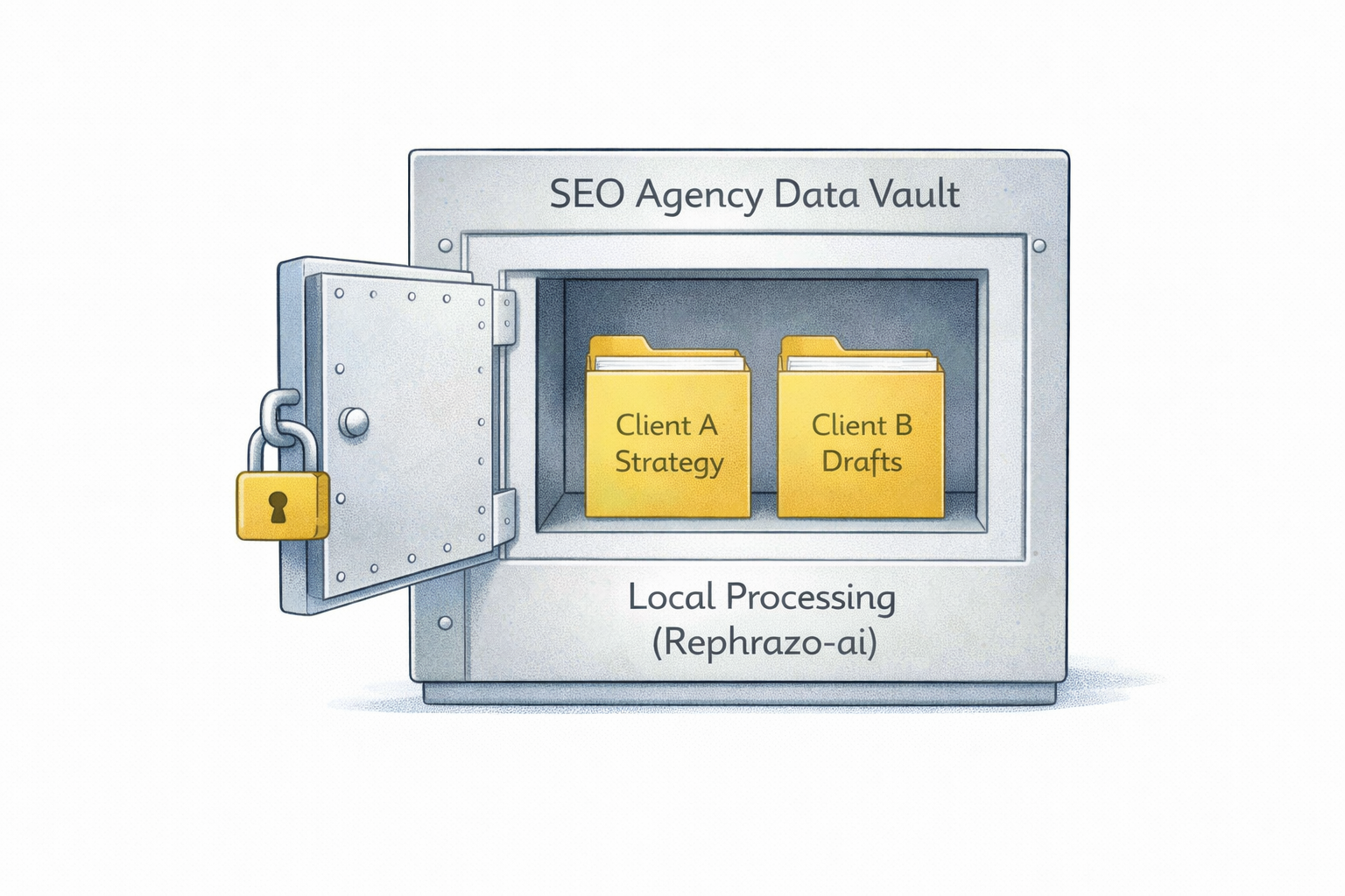 Conceptual illustration of secure digital vault labeled SEO Agency Data Vault with folders labeled Client A Strategy and Client B Drafts, labeled Local Processing (Rephrazo-ai)
